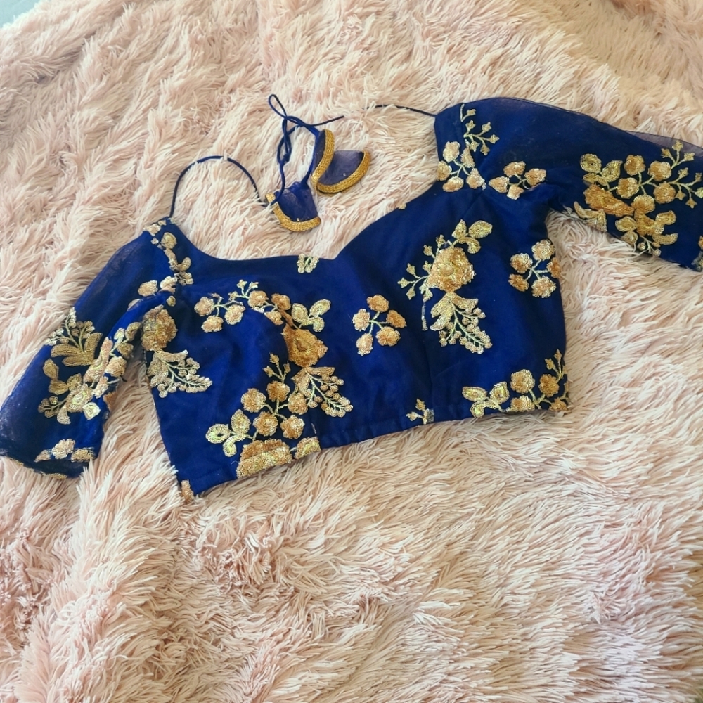 Royal Blue Lehenga Blouse With Gold Detailing